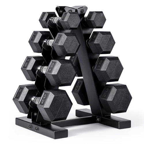 CAP Rubber Coated Hex Dumbbell Set with Storage Rack | 100–210 lb Options, Space-Saving Vertical Compact Storage for Home Gym Strength Training