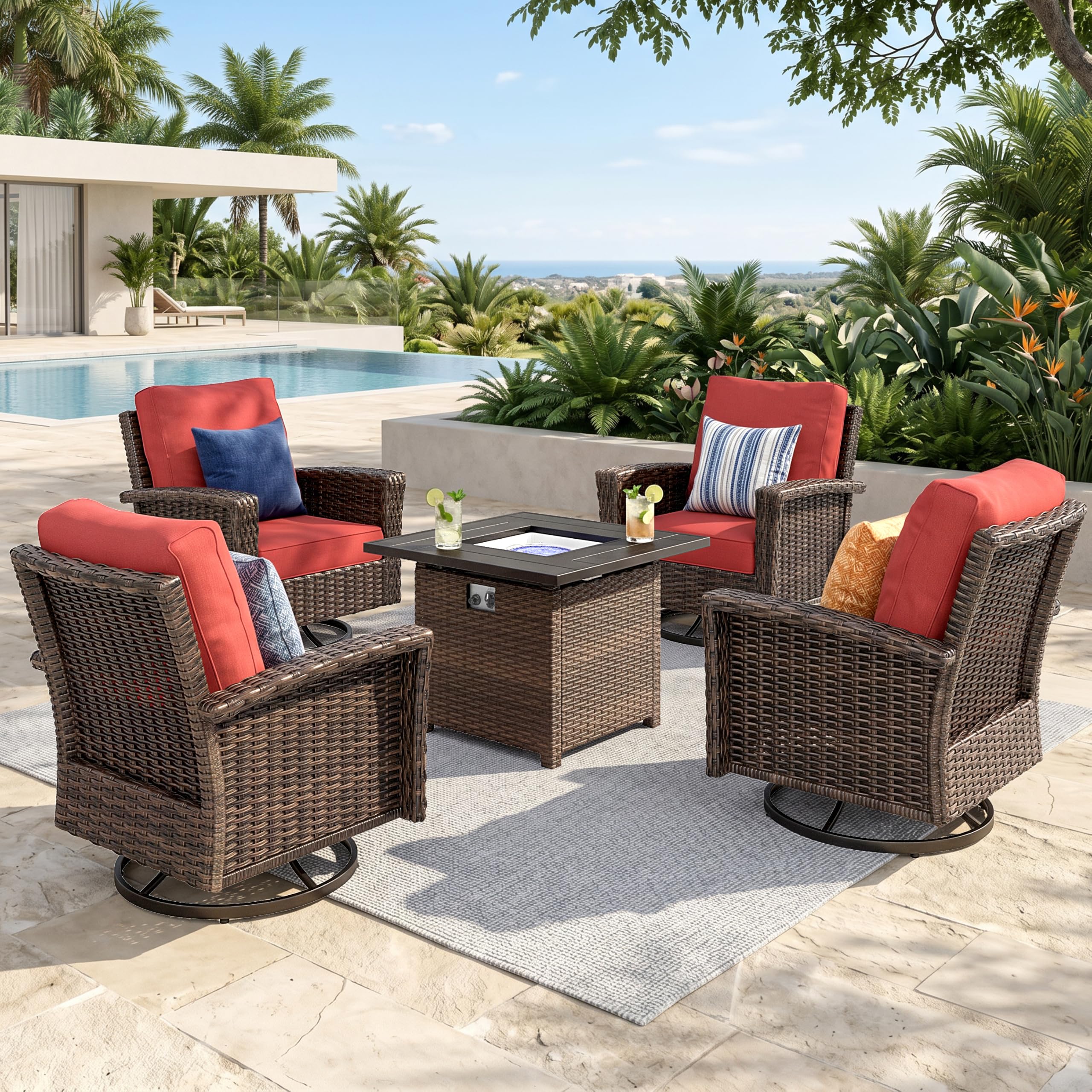 HERA'S HOUSE Patio Furniture Set, High Back Swivel Outdoor Chair with 5.5" Thick Cushions, Oversized Deep Seating Wicker Conversation Set for Lawn Backyard Deck, Navy Blue