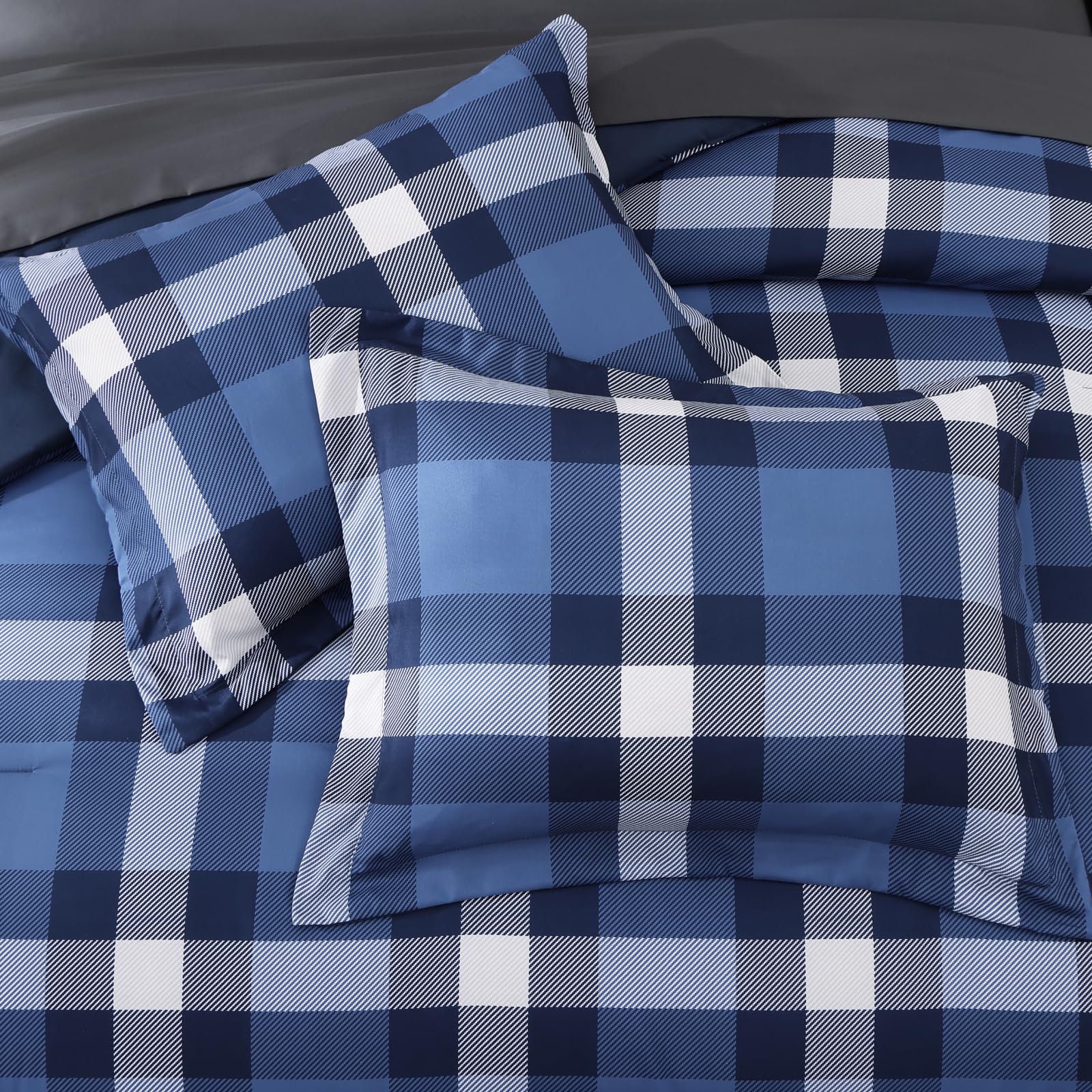 MaiRêve Plaid Twin XL Comforter Set Navy Blue 5 Pieces Dorm Bed in a Bag | Rustic Farmhouse Bedding Sets for Boys Teen with Sheets, Pillowcase & Sham