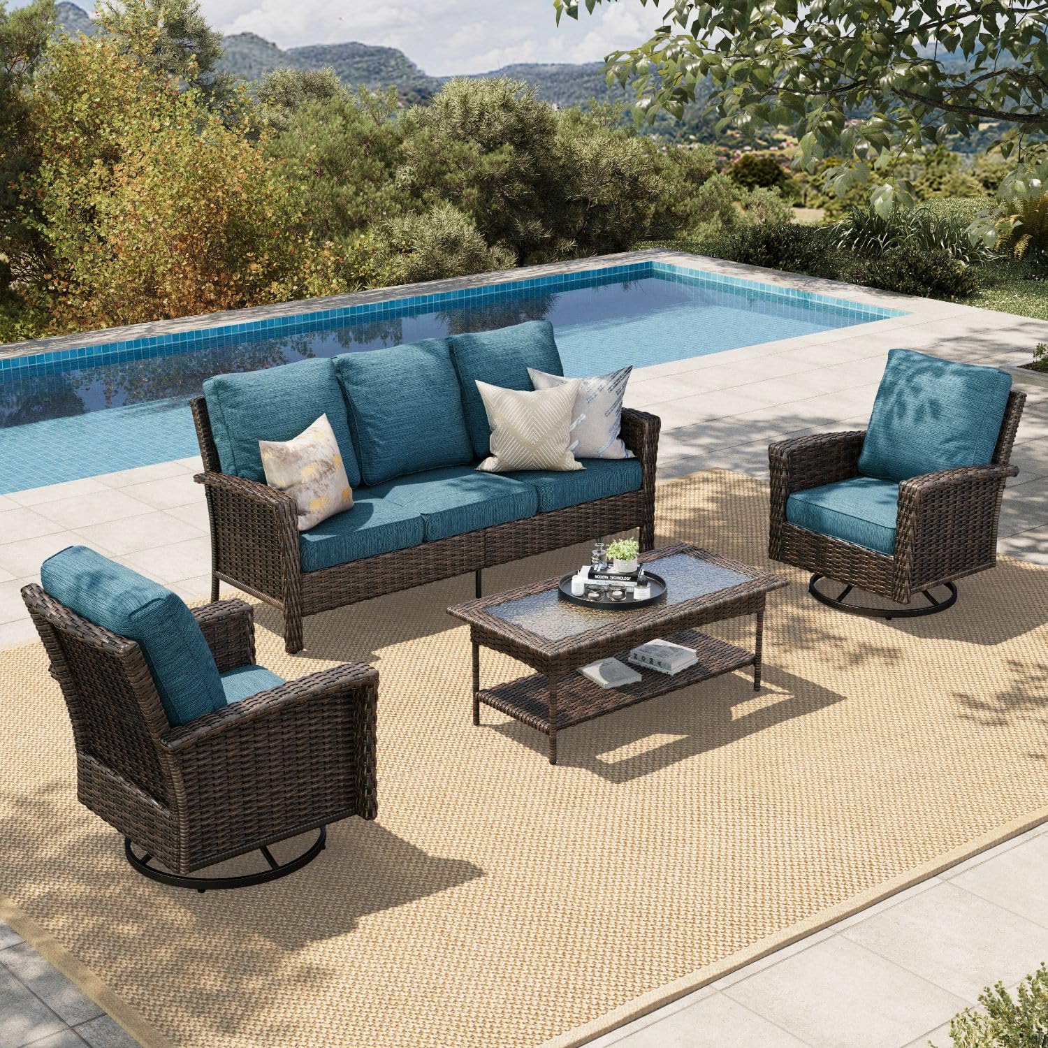 HERA'S HOUSE Patio Furniture Set, High Back Swivel Outdoor Chair with 5.5" Thick Cushions, Oversized Deep Seating Wicker Conversation Set for Lawn Backyard Deck, Navy Blue