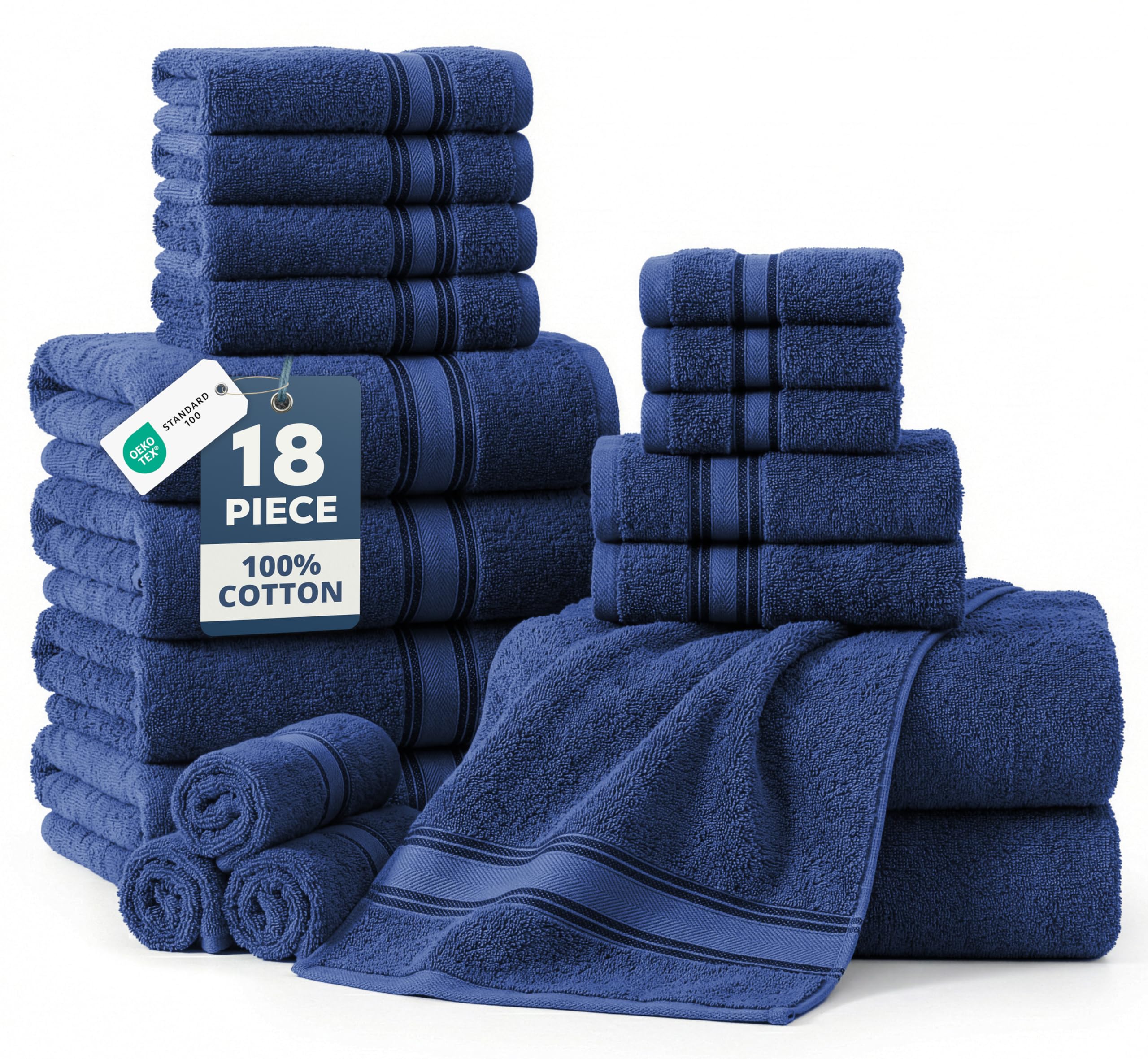LANE LINEN Bathroom Towels Set of 18 – Zero Twist, 100% Mercerized Cotton Towel, 6 Bath, 6 Handtowel & 6 Washcloths, Luxury Hotel Design, Perfect for Salon & Guests, Machine Washable – Cerulean Blue