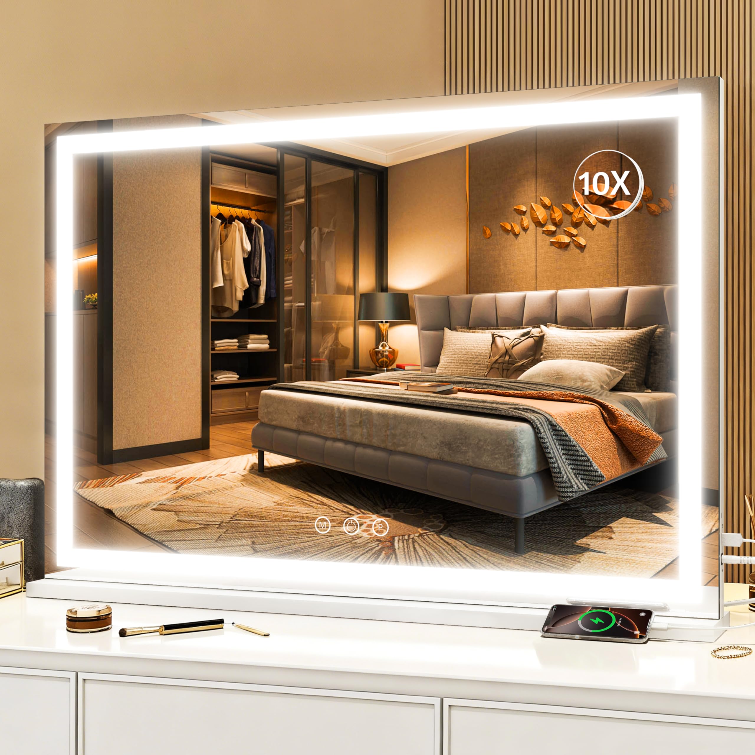 ROLOVE Vanity Mirror with Lights, 12.6"x15" LED Makeup Mirror with Lights, Smart Touch Control 3 Color Dimmable, Lighted Desk Mirror for Bedroom, Light Up Mirror