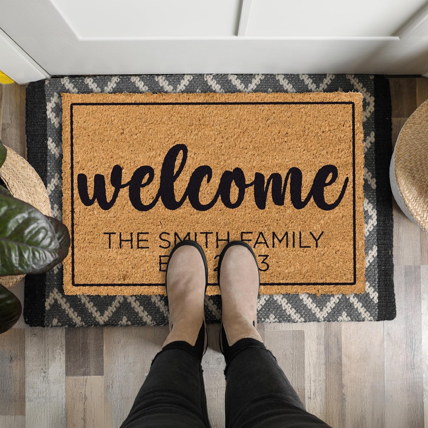 Personalized Doormat with Family Name & 6 Designs, 18" x 30" - Durable Coir Fiber with Anti-Slip Backing, Outdoor-Indoor Use