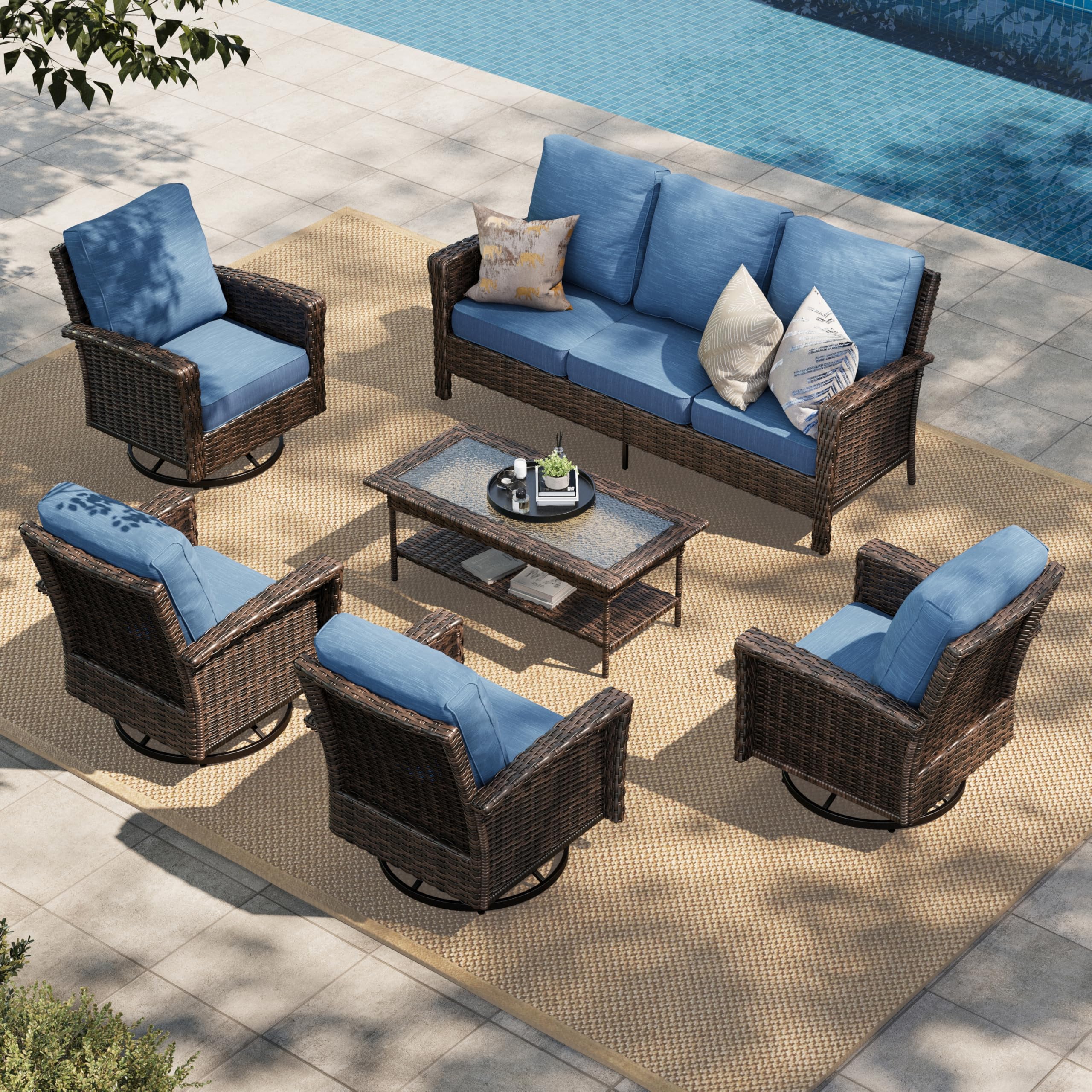 HERA'S HOUSE Patio Furniture Set, High Back Swivel Outdoor Chair with 5.5" Thick Cushions, Oversized Deep Seating Wicker Conversation Set for Lawn Backyard Deck, Navy Blue