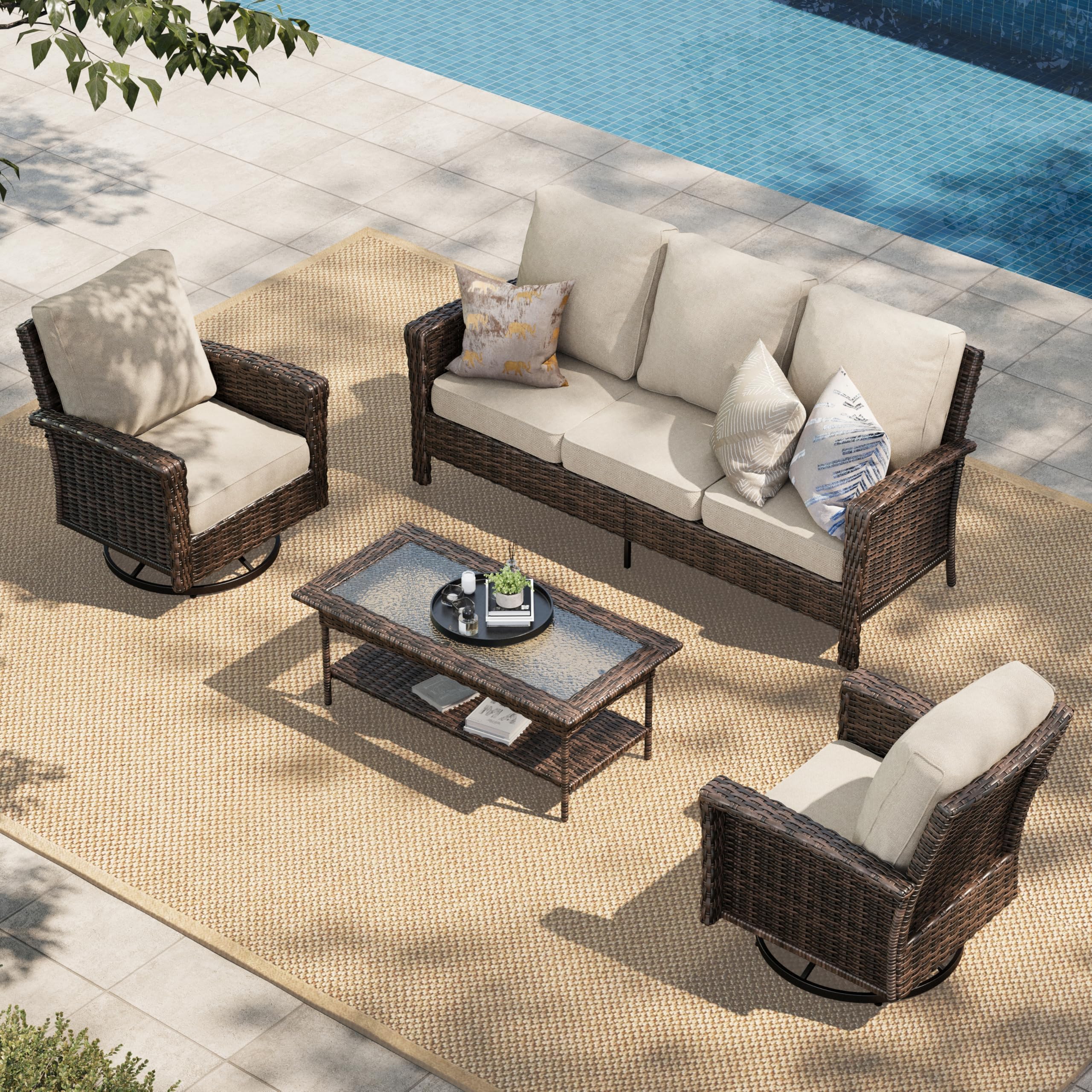 HERA'S HOUSE Patio Furniture Set, High Back Swivel Outdoor Chair with 5.5" Thick Cushions, Oversized Deep Seating Wicker Conversation Set for Lawn Backyard Deck, Navy Blue