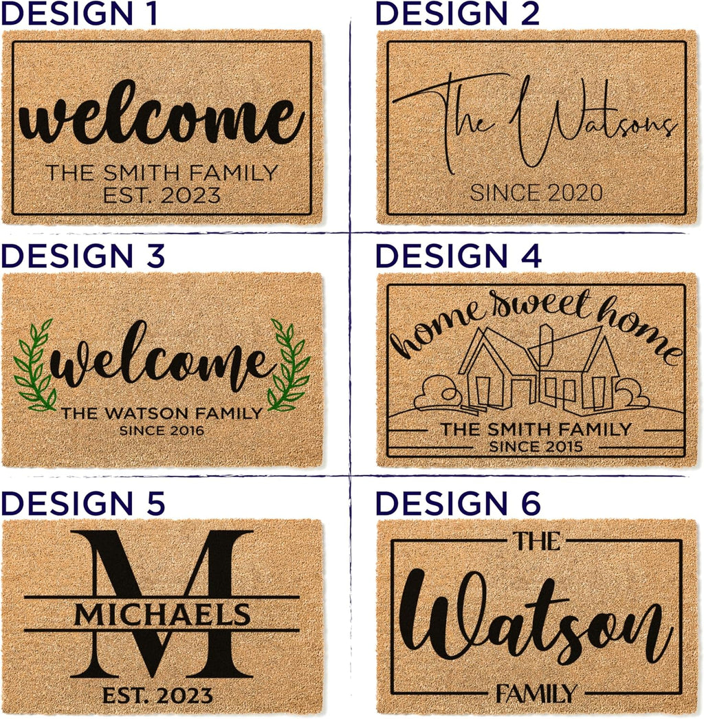 Personalized Doormat with Family Name & 6 Designs, 18" x 30" - Durable Coir Fiber with Anti-Slip Backing, Outdoor-Indoor Use