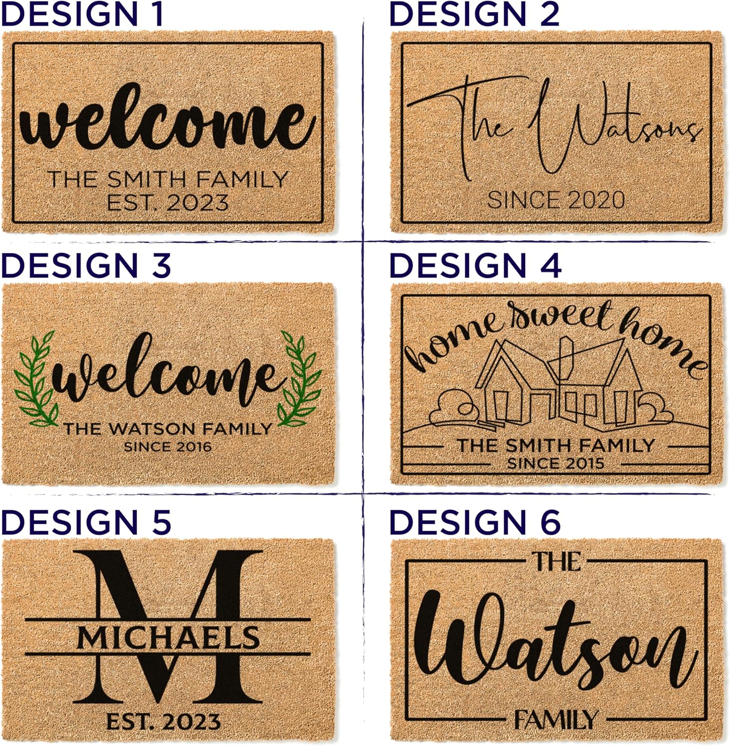 Personalized Doormat with Family Name & 6 Designs, 18" x 30" - Durable Coir Fiber with Anti-Slip Backing, Outdoor-Indoor Use