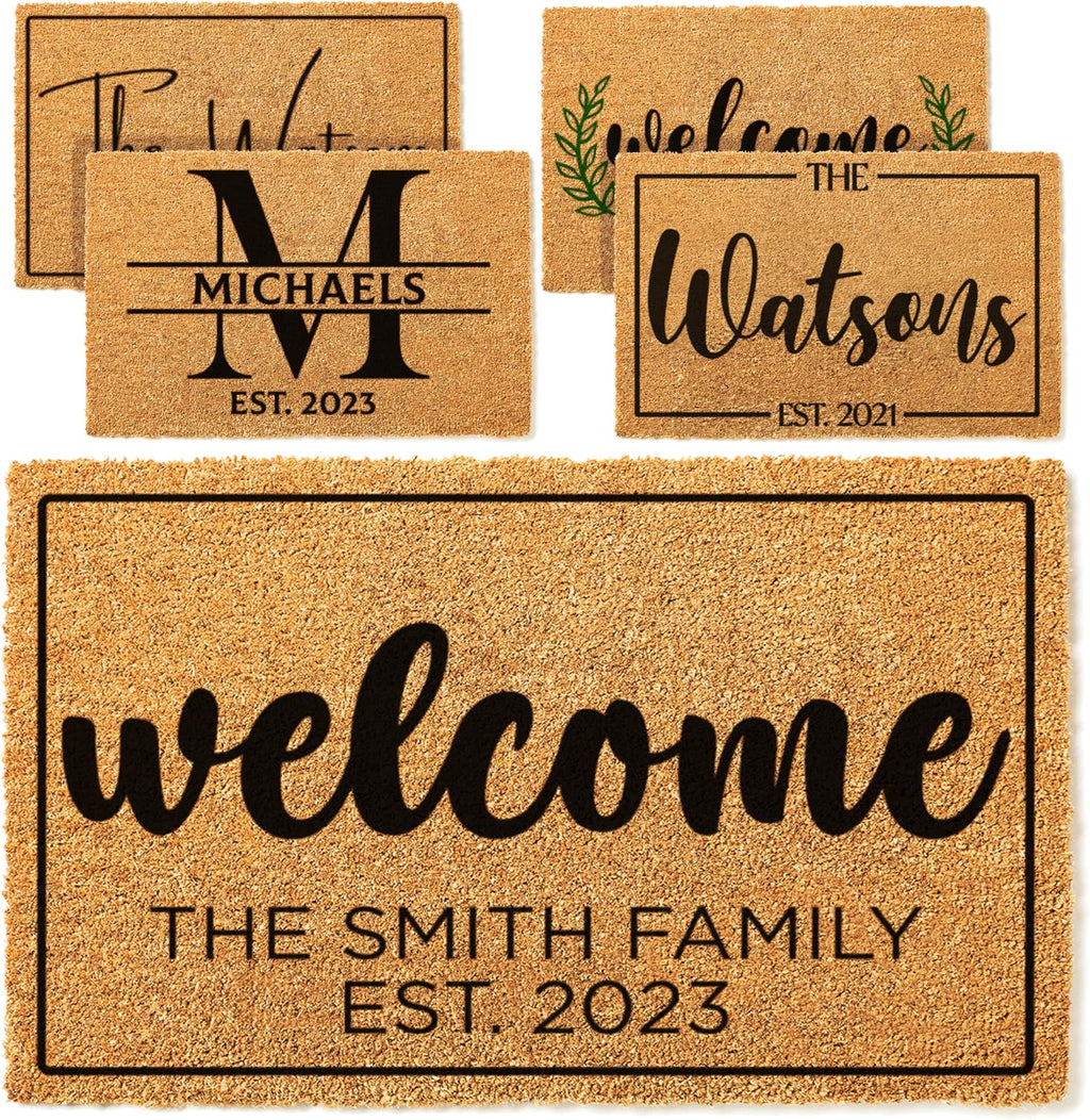 Personalized Doormat with Family Name & 6 Designs, 18" x 30" - Durable Coir Fiber with Anti-Slip Backing, Outdoor-Indoor Use