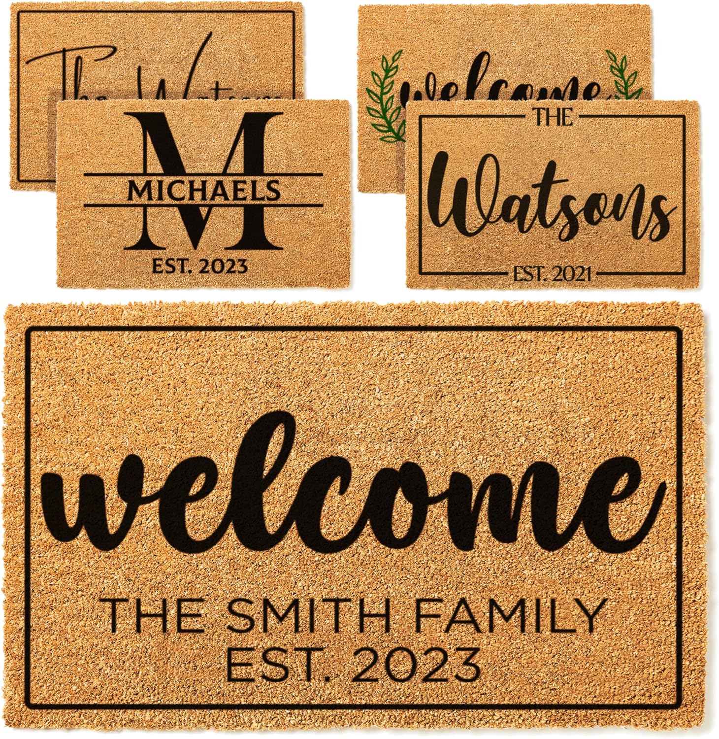 Personalized Doormat with Family Name & 6 Designs, 18" x 30" - Durable Coir Fiber with Anti-Slip Backing, Outdoor-Indoor Use