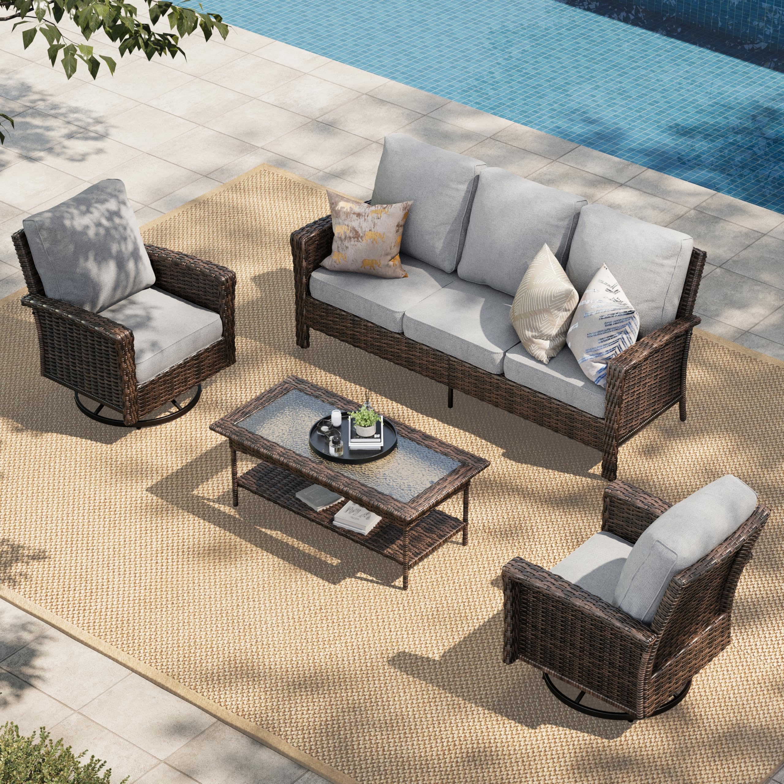 HERA'S HOUSE Patio Furniture Set, High Back Swivel Outdoor Chair with 5.5" Thick Cushions, Oversized Deep Seating Wicker Conversation Set for Lawn Backyard Deck, Navy Blue