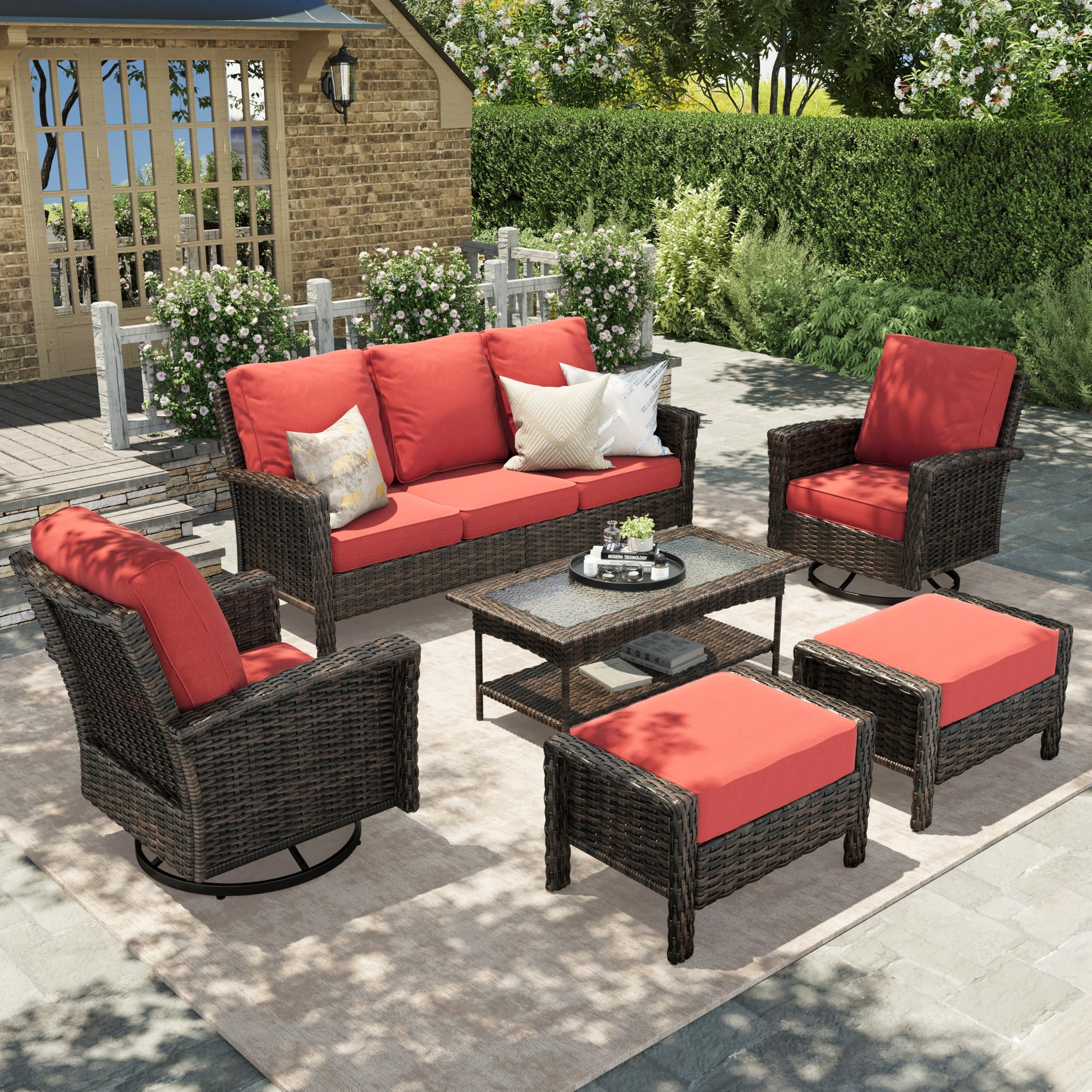 HERA'S HOUSE Patio Furniture Set, High Back Swivel Outdoor Chair with 5.5" Thick Cushions, Oversized Deep Seating Wicker Conversation Set for Lawn Backyard Deck, Navy Blue