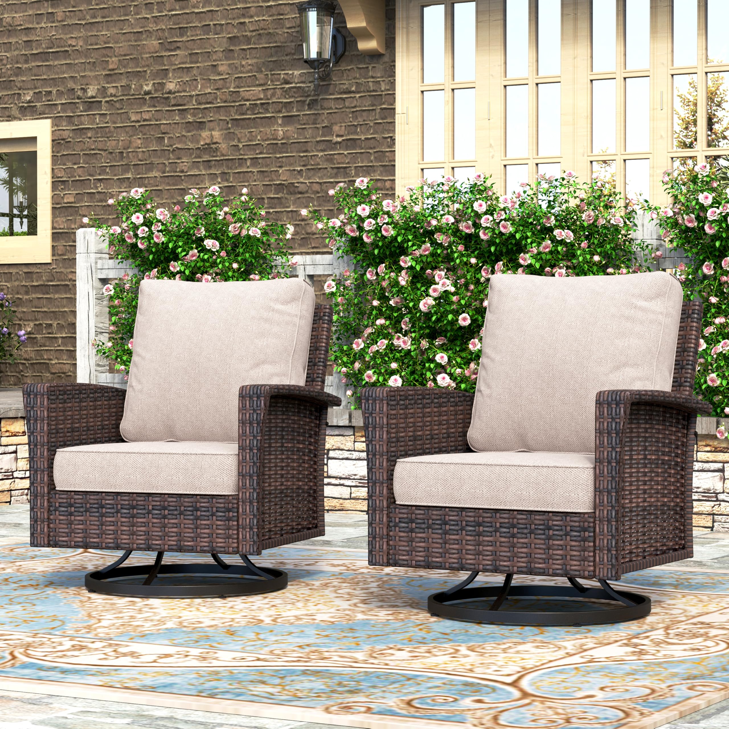HERA'S HOUSE Patio Furniture Set, High Back Swivel Outdoor Chair with 5.5" Thick Cushions, Oversized Deep Seating Wicker Conversation Set for Lawn Backyard Deck, Navy Blue