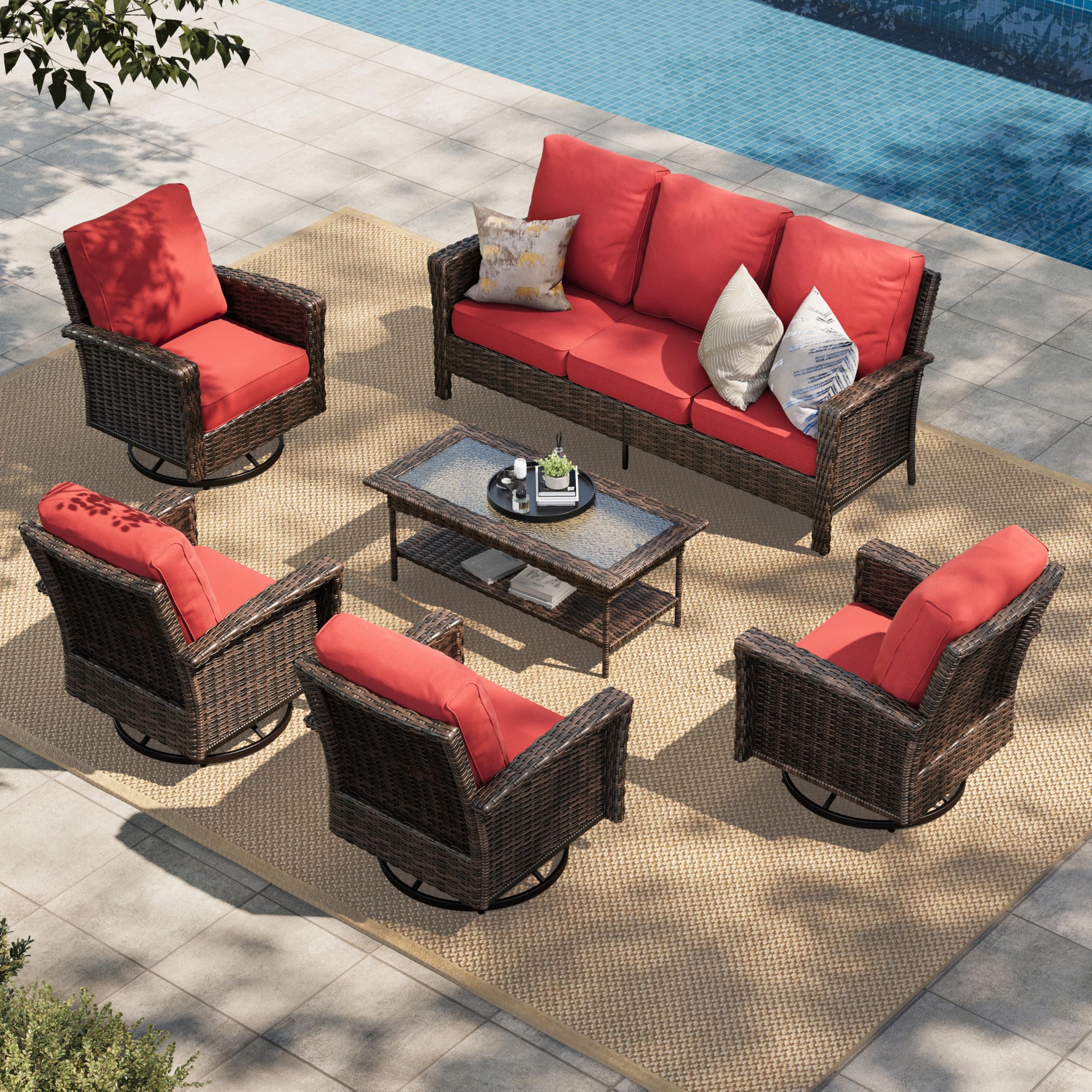 HERA'S HOUSE Patio Furniture Set, High Back Swivel Outdoor Chair with 5.5" Thick Cushions, Oversized Deep Seating Wicker Conversation Set for Lawn Backyard Deck, Navy Blue