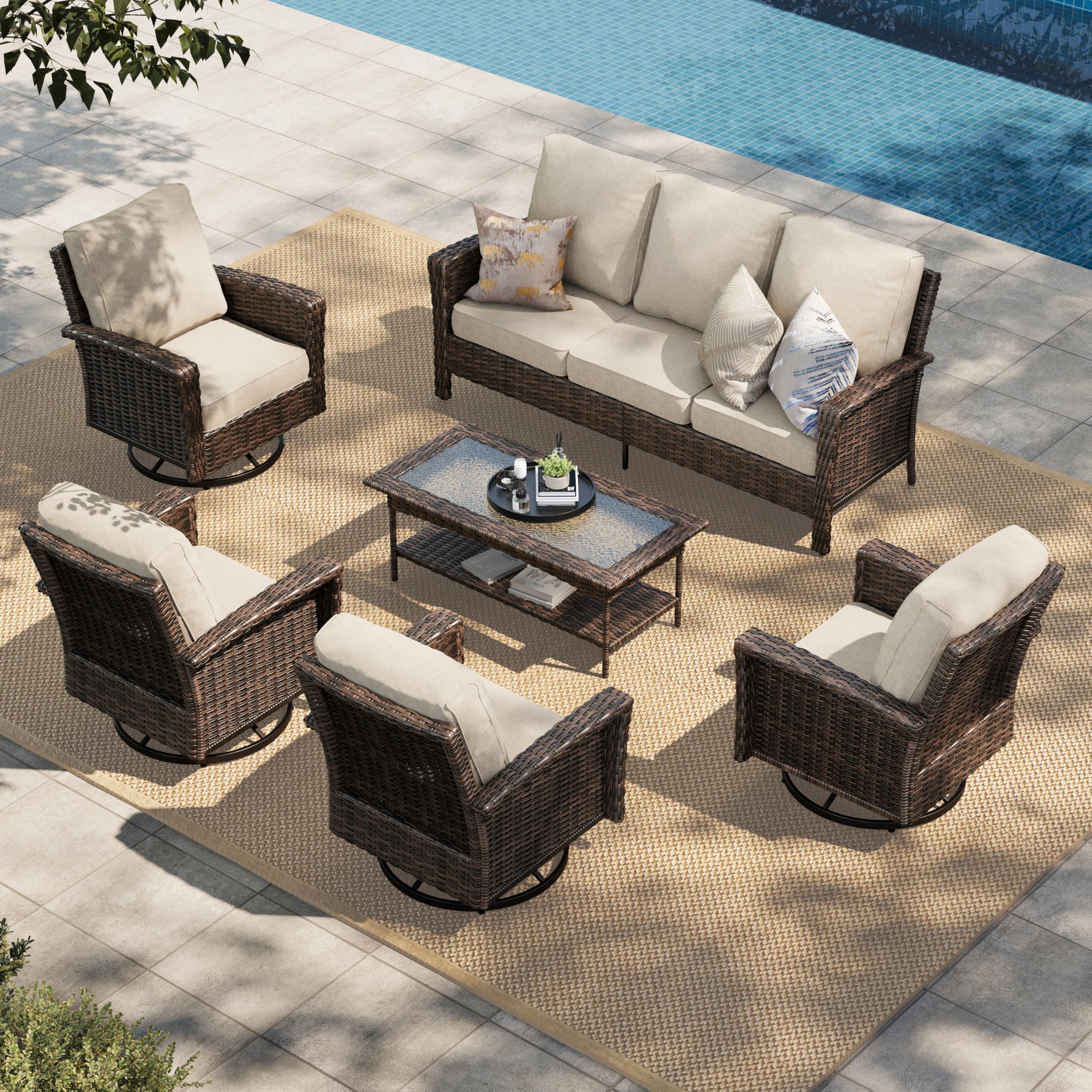 HERA'S HOUSE Patio Furniture Set, High Back Swivel Outdoor Chair with 5.5" Thick Cushions, Oversized Deep Seating Wicker Conversation Set for Lawn Backyard Deck, Navy Blue