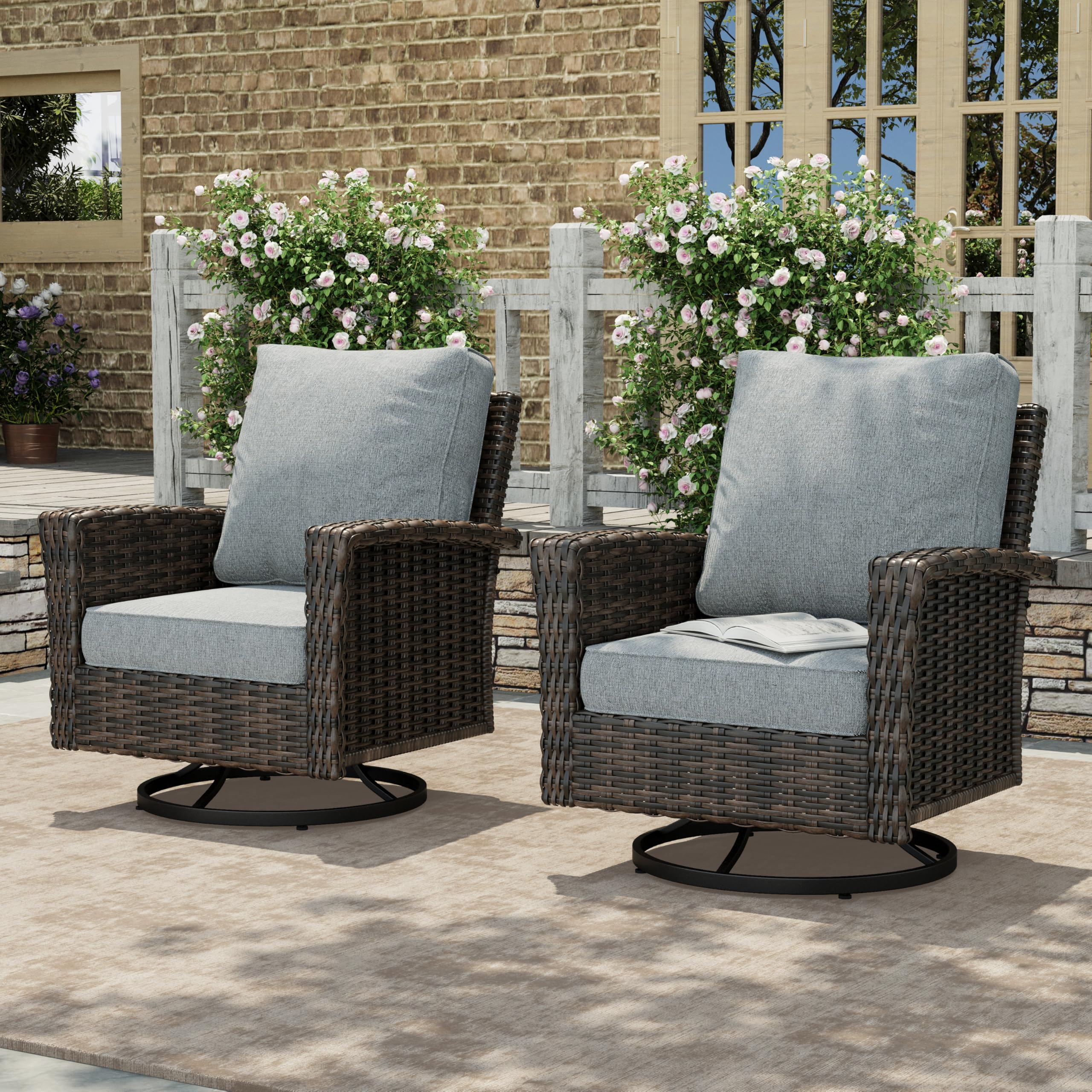 HERA'S HOUSE Patio Furniture Set, High Back Swivel Outdoor Chair with 5.5" Thick Cushions, Oversized Deep Seating Wicker Conversation Set for Lawn Backyard Deck, Navy Blue