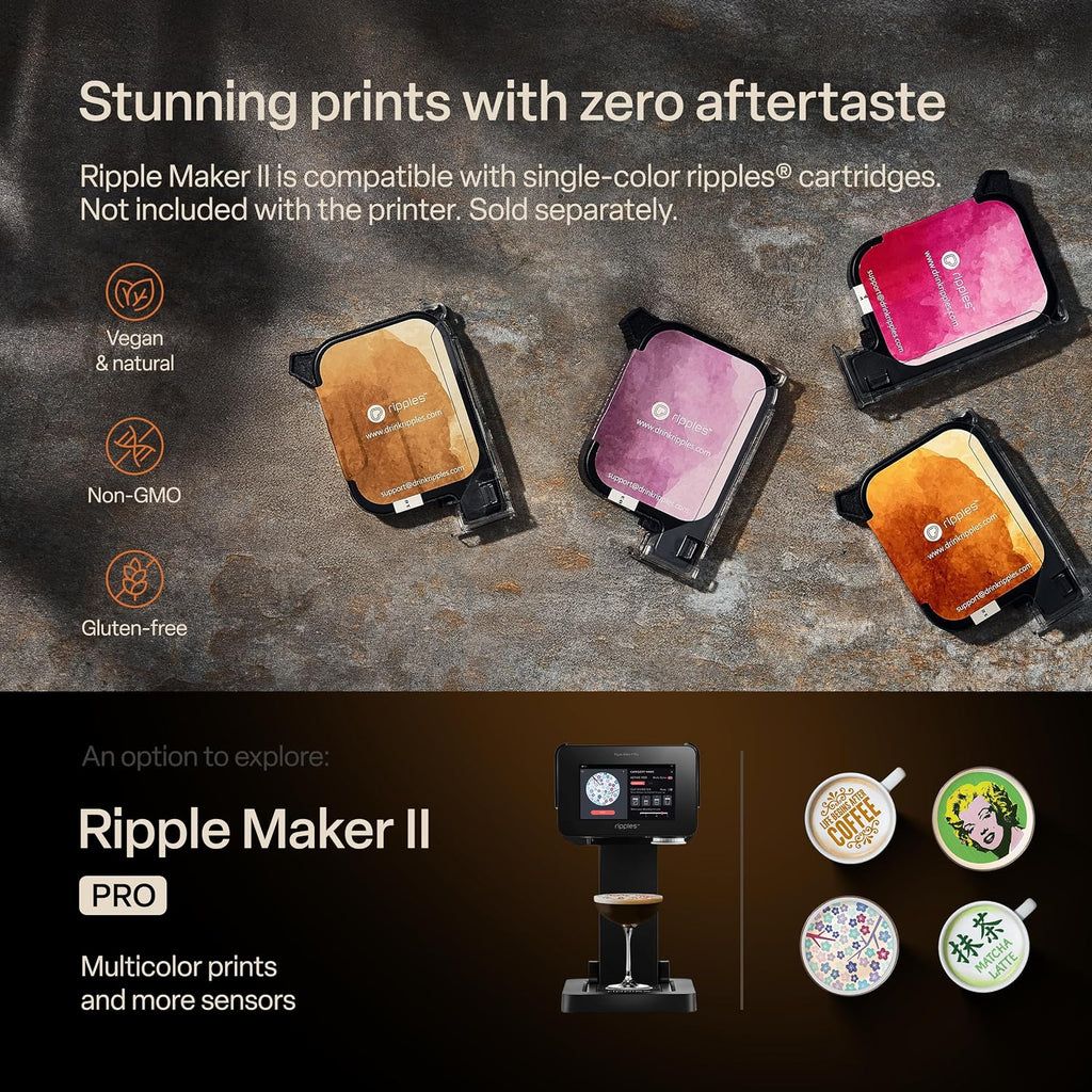 Ripples The Original Maker II, Print on Beverage Foam and Desserts, Plant-Based Ingredients Only, Selfie and Personalized Designs (Machine + Coffee Pod)