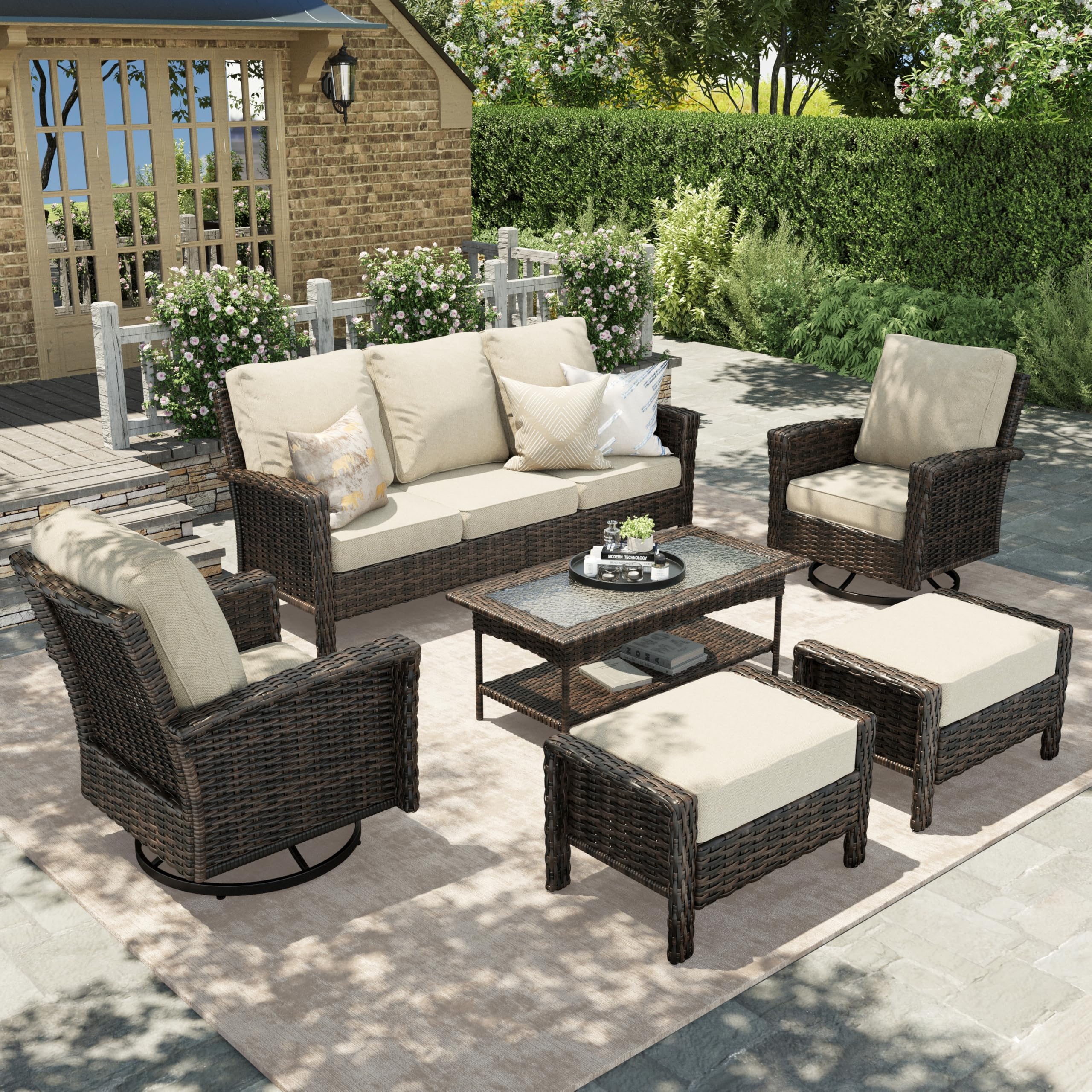 HERA'S HOUSE Patio Furniture Set, High Back Swivel Outdoor Chair with 5.5" Thick Cushions, Oversized Deep Seating Wicker Conversation Set for Lawn Backyard Deck, Navy Blue