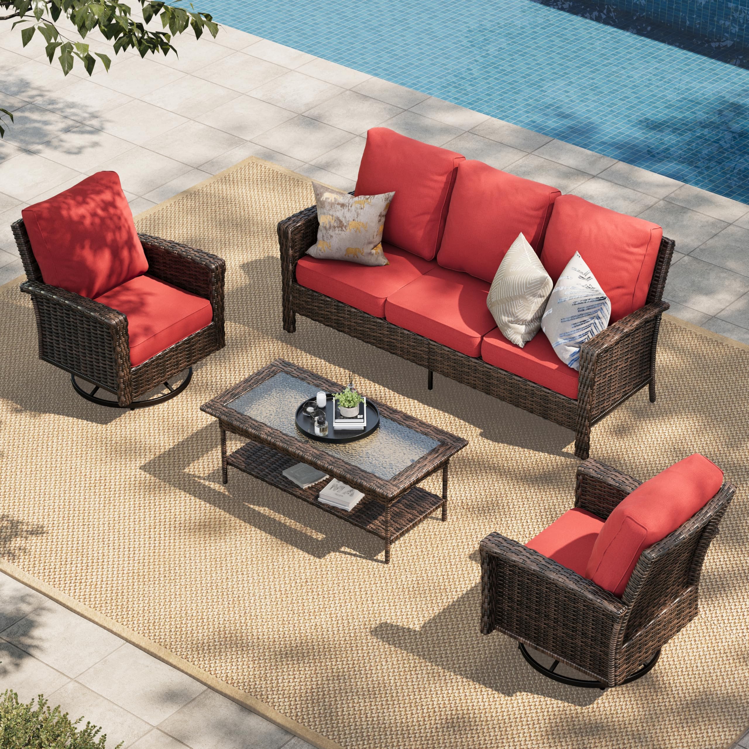 HERA'S HOUSE Patio Furniture Set, High Back Swivel Outdoor Chair with 5.5" Thick Cushions, Oversized Deep Seating Wicker Conversation Set for Lawn Backyard Deck, Navy Blue