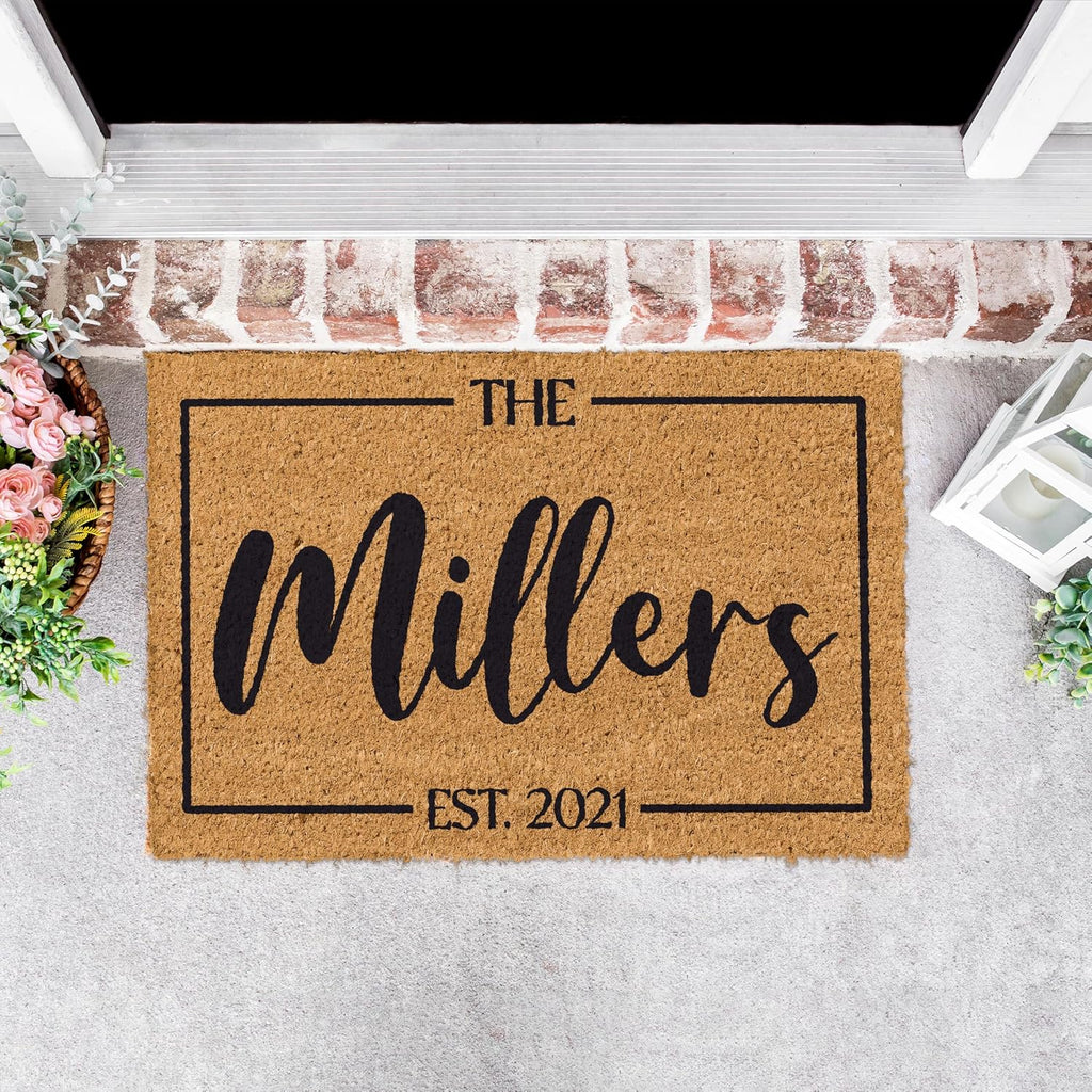 Personalized Doormat with Family Name & 6 Designs, 18" x 30" - Durable Coir Fiber with Anti-Slip Backing, Outdoor-Indoor Use